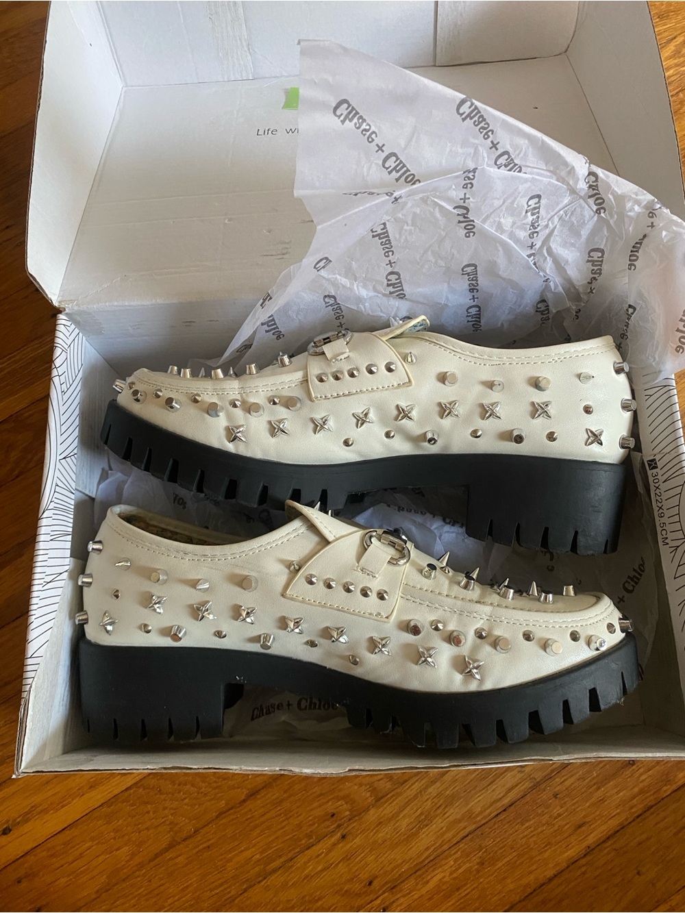Chase + Chloe Cream Studded Platform Loafers